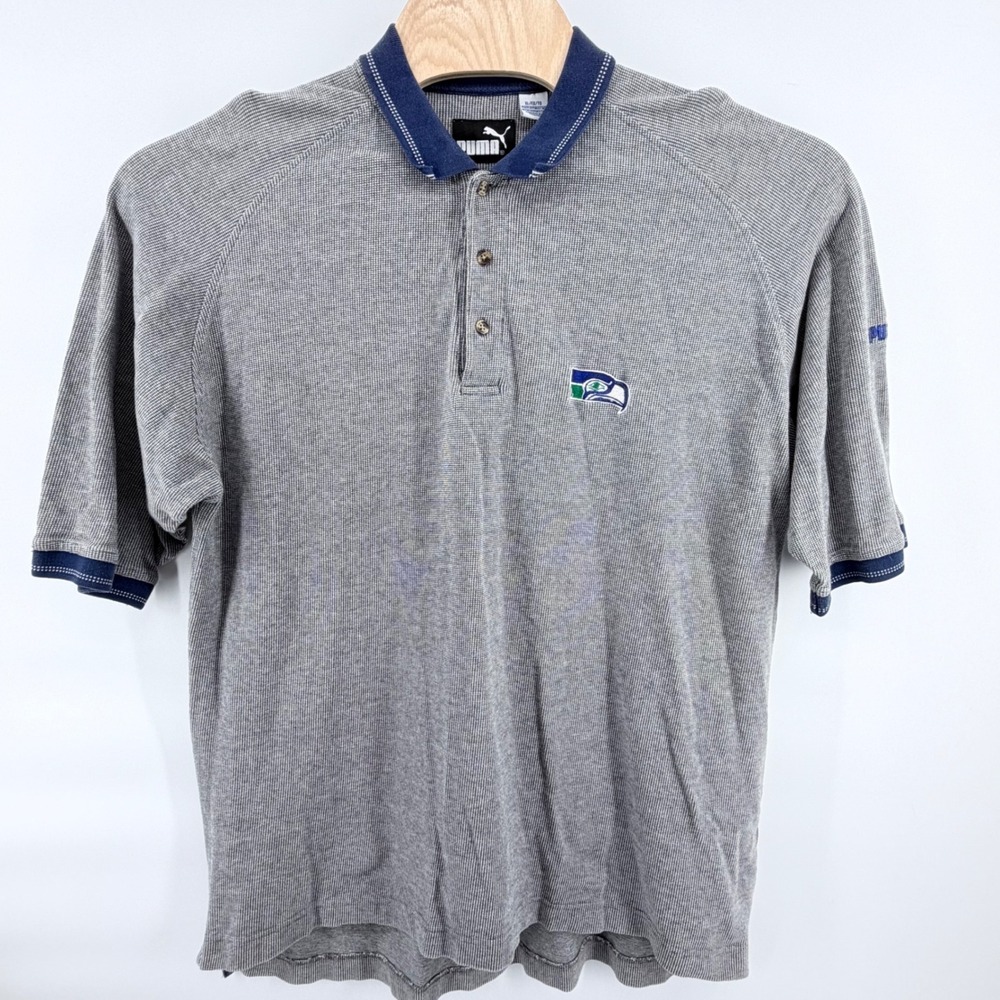 Vintage Puma Seattle Seahawks NFL Polo Shirt XL Gray Waffle Knit Embroidered‎